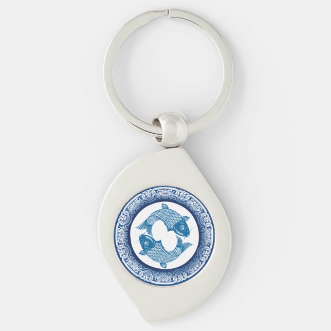 Two Fish Pisces Koi Carp Chinoiserie Blue Pattern Keychain (Front)