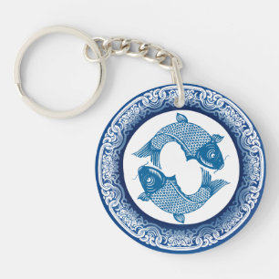 Two Fish Pisces Koi Carp Chinoiserie Blue Pattern Keychain