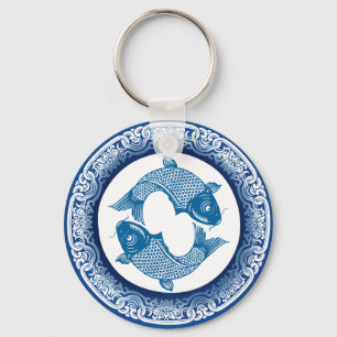 Two Fish Pisces Koi Carp Chinoiserie Blue Pattern Keychain