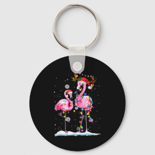 Two Flamingo With Santa Hat And Lights Merry Chris Keychain