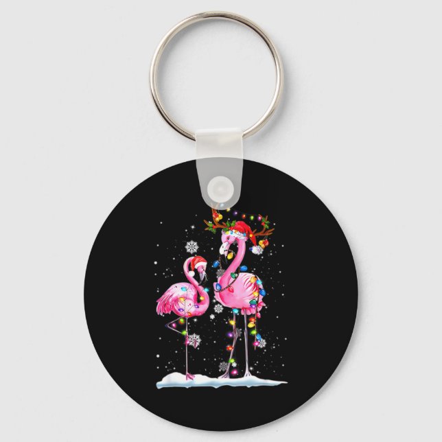 Two Flamingo With Santa Hat And Lights Merry Chris Keychain (Front)