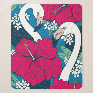 Two flamingos among hibiscus and plumeria flowers sherpa blanket