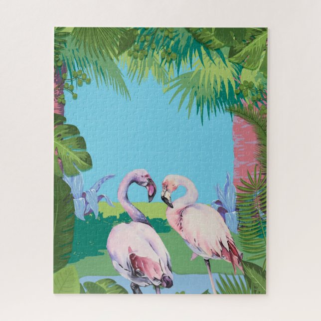 Two Flamingos in a Tropical Setting Personalized Jigsaw Puzzle (Vertical)