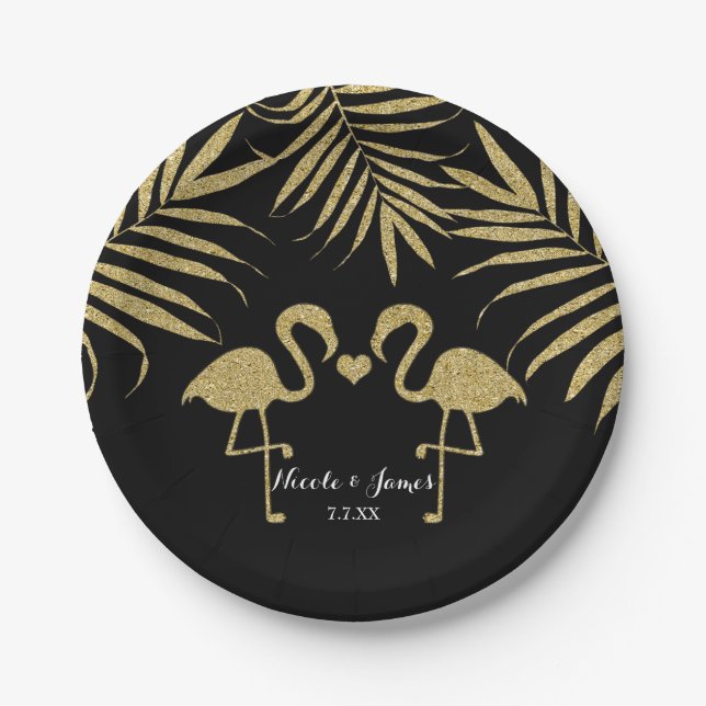 Two Flamingos Love Black & Gold Wedding Party Paper Plate (Front)