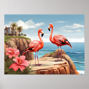 Two flamingos on a cliff poster