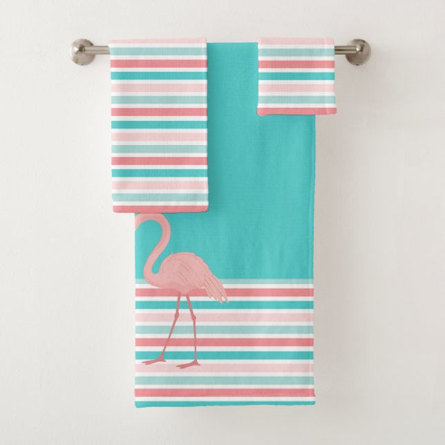 Two Flamingos Teal Pink Stripe Bath Towel Set (Insitu)