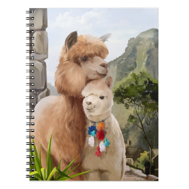 Two fluffy alpacas on the background of the lake	 notebook (Front)