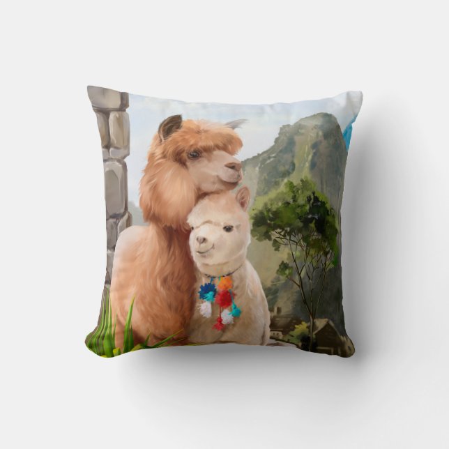 Two fluffy alpacas on the background of the lake	 throw pillow (Front)