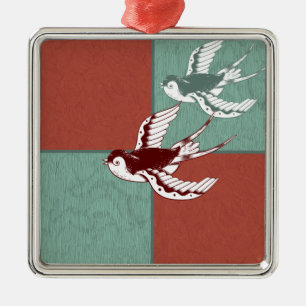 Two Flying Sparrows Birds Red Blue Colour Blocks Metal Ornament