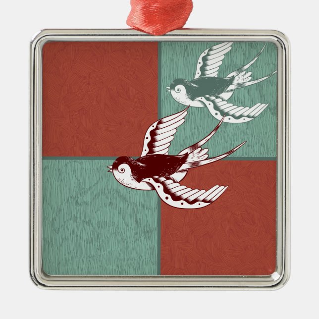 Two Flying Sparrows Birds Red Blue Colour Blocks Metal Ornament (Front)