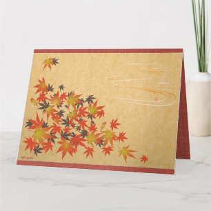 TWO-FOLD GREETING CARD OF COLORED LEAVES AND FLOWI