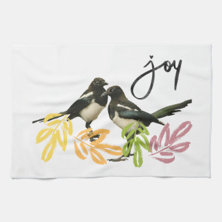 "Two for Joy" Magpies and Floral Accent Kitchen Towel