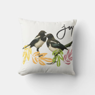"Two for Joy" Magpies with floral accent. Throw Pillow