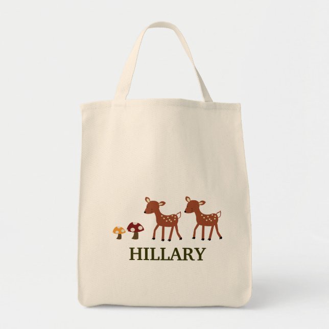TWO FOREST DEER Grocery Tote Bag - add a NAME! (Front)
