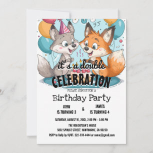 Two Foxes and Balloons Double Birthday Party In Invitation