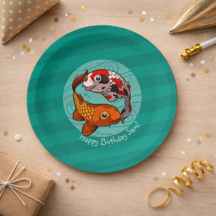 Two Friendly Koi Carp Swimming Cartoon With Text Paper Plate