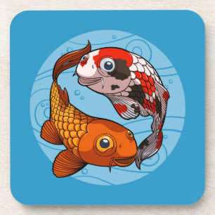 Two Friendly Koi Carp Swimming in a Circle Cartoon Coaster