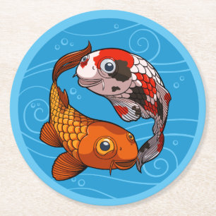 Two Friendly Koi Carp Swimming in a Circle Cartoon Round Paper Coaster