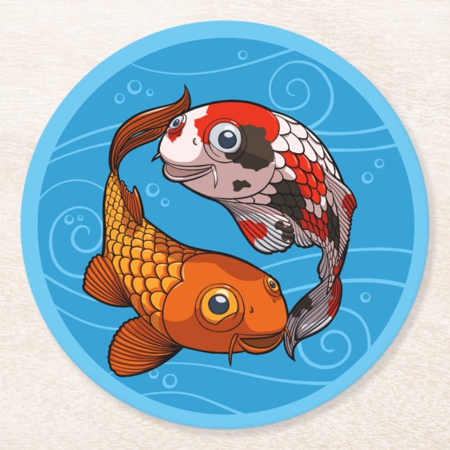 Two Friendly Koi Carp Swimming in a Circle Cartoon Round Paper Coaster (Front)