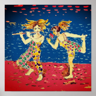 Two friends in colourful harlequin outfit poster