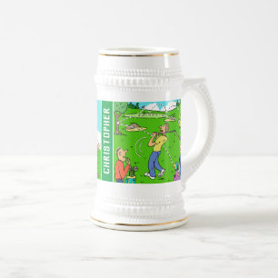 Two Fun Golf Cartoons with Owner's Name Beer Stein