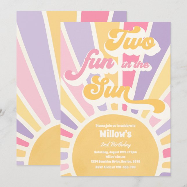 Two Fun In The Sun Sunshine 2nd Birthday Pink Rays Invitation (Front/Back)