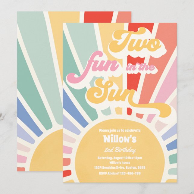 Two Fun In The Sun Sunshine 2nd Birthday Pink Rays Invitation (Front/Back)