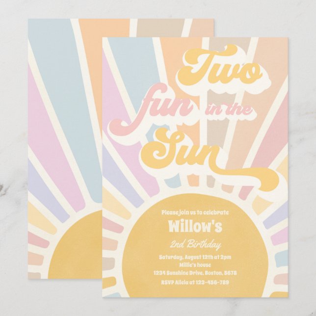 Two Fun In The Sun Sunshine 2nd Birthday Pink Rays Invitation (Front/Back)