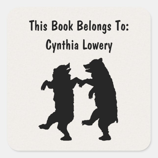 Two Fun Silhouette Black Bears Dancing Together Square Sticker (Front)