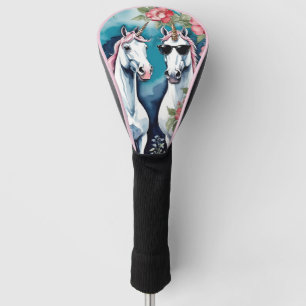Two Funny Unicorns With Pink Flowers Golf Head Cover