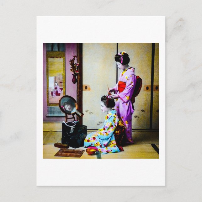 Two Geisha Doing Hair Vintage Old Japanese Postcard (Front)