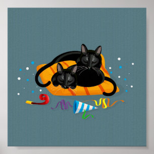 Two geometric black cats asleep after party poster