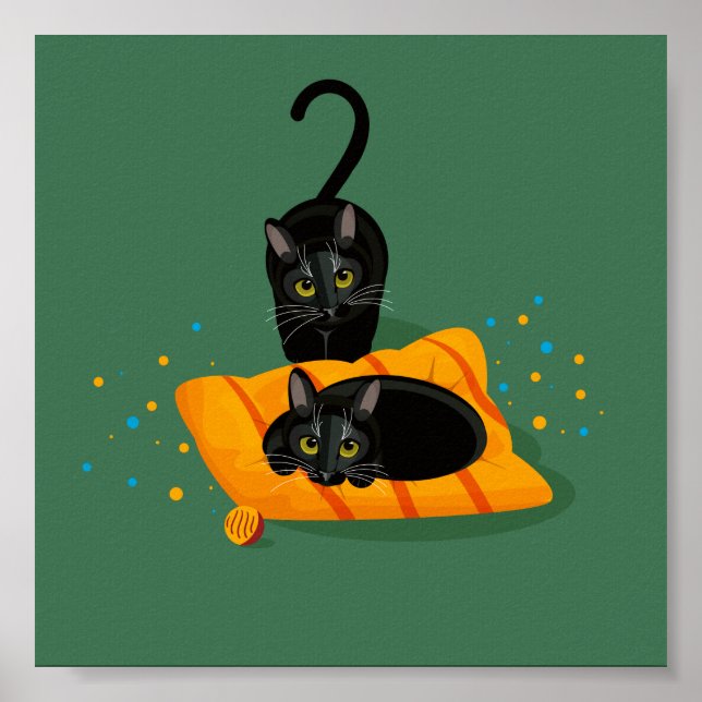 Two geometric black cats one sat on cushion poster (Front)