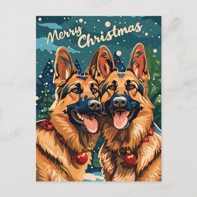 Two German Shepherd Merry Christmas  Postcard (Front)