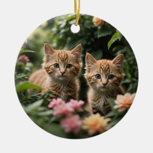 Two Ginger Kittens Exploring A Lush Garden Ceramic Ornament (Front)