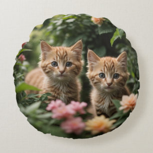 Two Ginger Kittens Exploring A Lush Garden Round Pillow