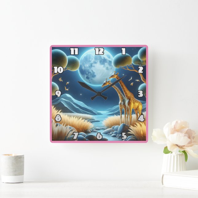 Two giraffes under the glowing moon in Africa Square Wall Clock (Home)