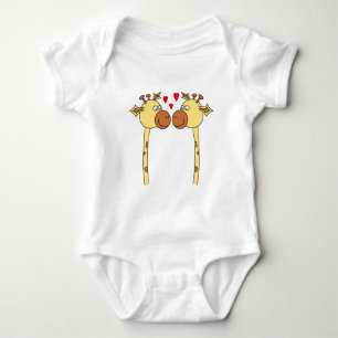 Two Giraffes with Red Love Hearts. Cartoon Baby Bodysuit