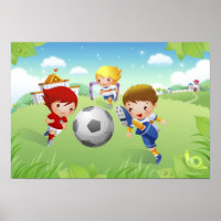 Two girls and a boy playing soccer