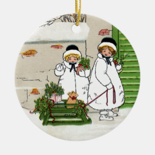 Two Girls and Pig in Sled Vintage Christmas Ceramic Ornament