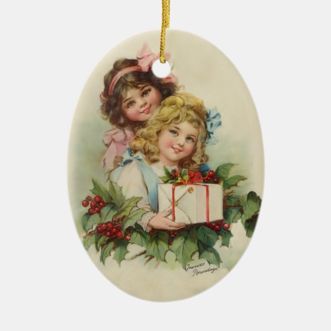 Two Girls Holly Gift - Francis Brundage Ceramic Ornament (Front)