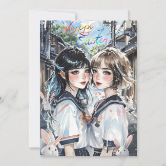 Two Girls in a Japanese Alley with Bunnies Holiday Card