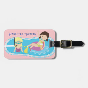 Two girls in a pool children's bag tag personalize
