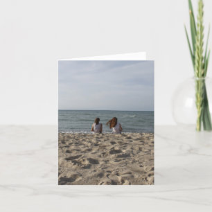 Two Girls on Sandy Beach: 2 Girls Face Windy Ocean Card