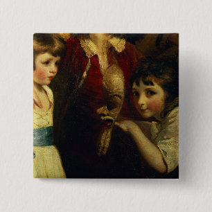 Two Girls, One Playing with a Mask, detail from th 2 Inch Square Button