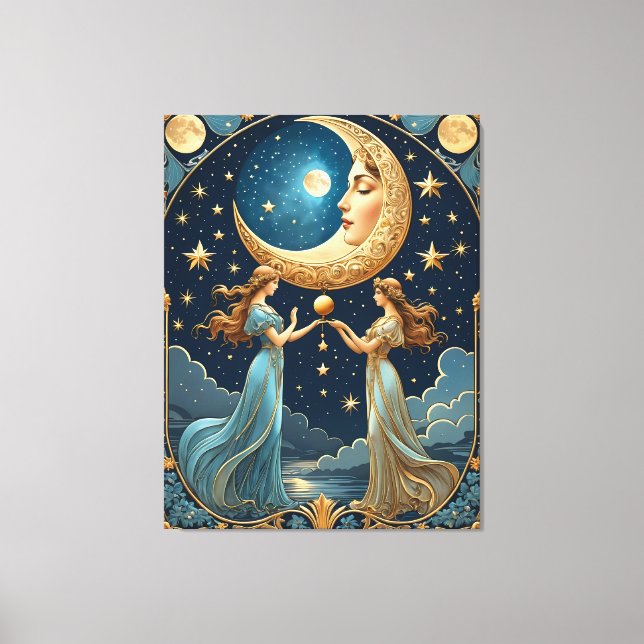 two girls painting magic with a moon canvas print (Front)