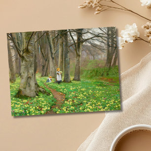 Two girls picking flowers in spring forest postcard