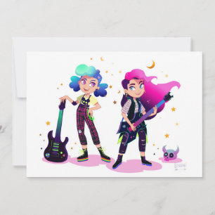Two girls play rock guitar together card