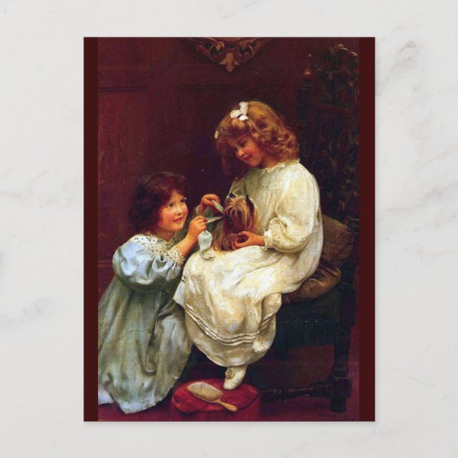 Two Girls Sisters Pet Dog Antique Painting Postcard (Front)