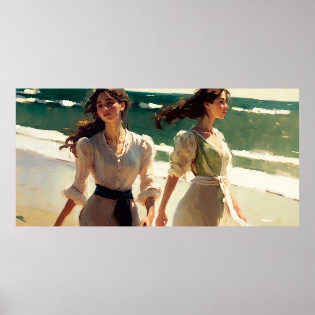 Two Girls Walking Along Shore on a Sunny Day Poster (Front)